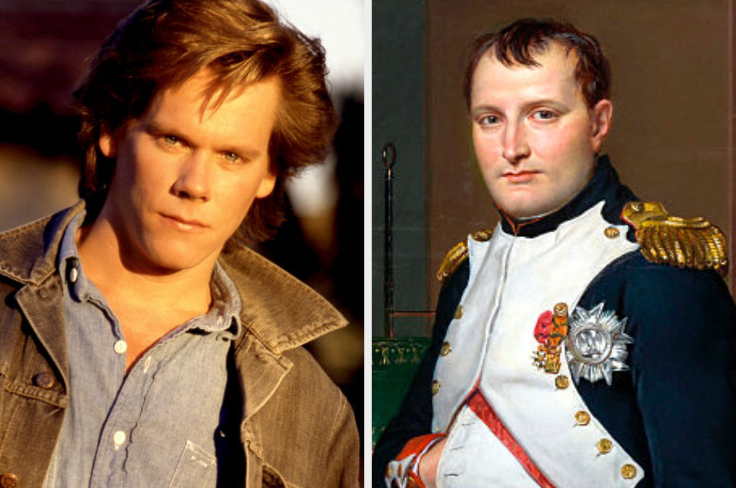 Left: Person in casual denim jacket, intense expression. Right: Historical figure in military uniform with medals and epaulettes