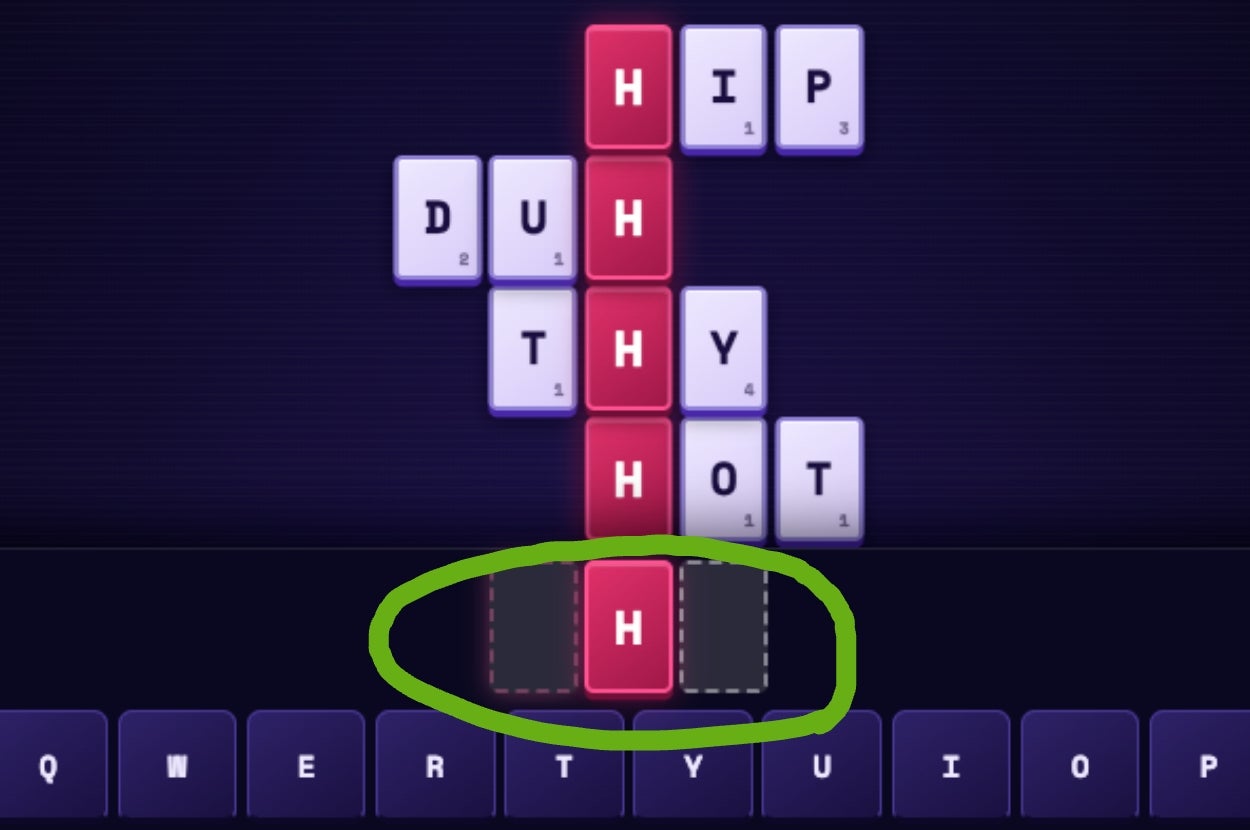 Word game screen with the letter "H" highlighted, forming words: "HIP," "DUH," "THY," and "HOT." Keyboard displayed below