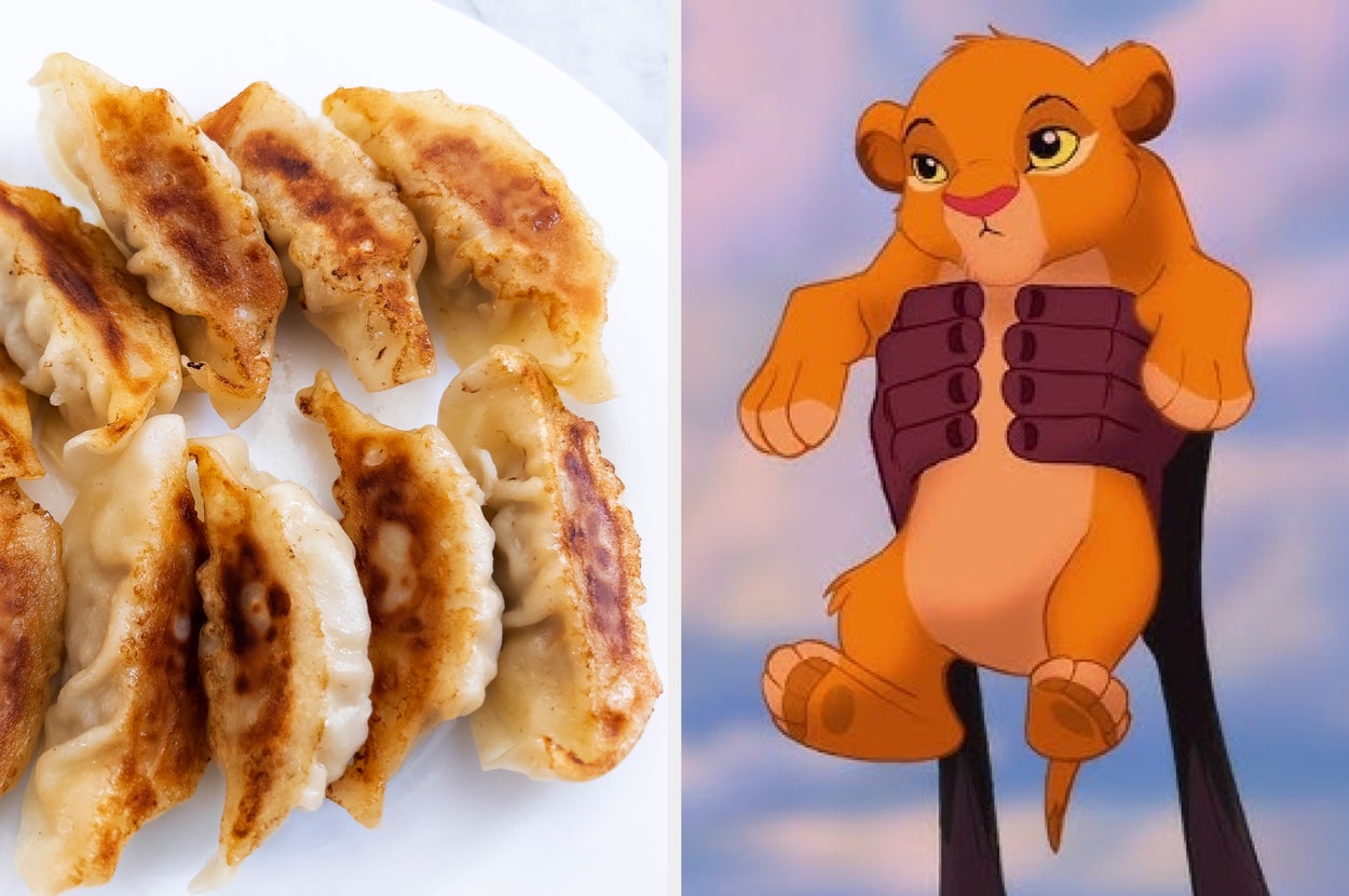 A plate of dumplings next to an image of an animated lion cub being held up