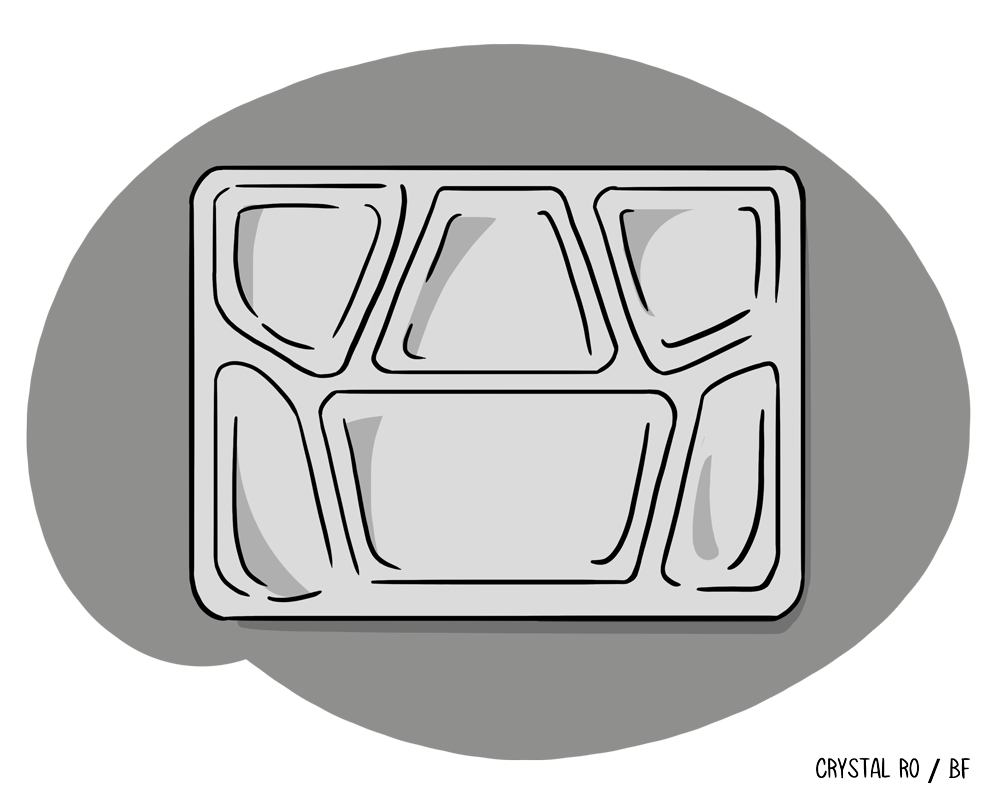 Illustration of a TV meal  tray with antithetic  sections for food, resembling classical  cafeteria style