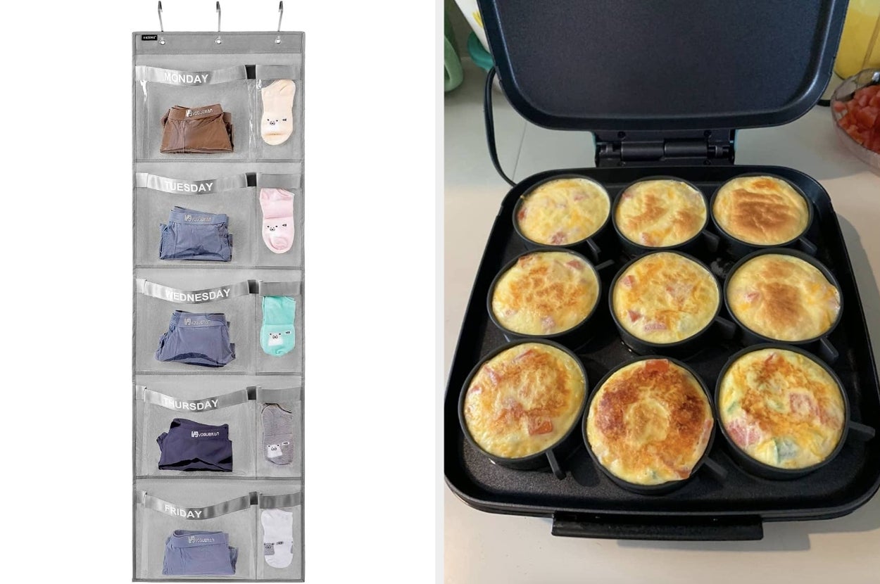 Left: Hanging organizer with labeled pockets for each day containing clothes. Right: Eight baked egg muffins in a cooker