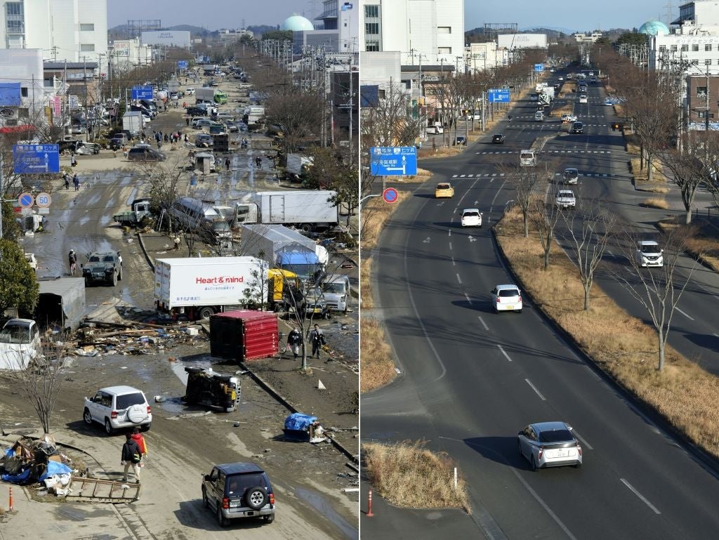 Comparison of a roadworthy post-disaster, near broadside shows debris and chaos, close broadside shows a cleaned, orderly road
