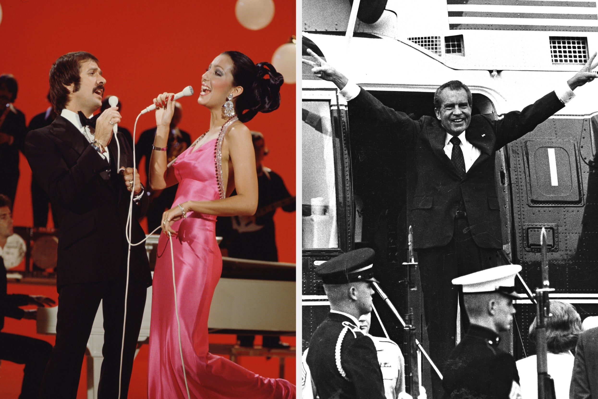 On the left, a duo performs on stage in stylish outfits. On the right, a historical figure waves from a train with officials nearby
