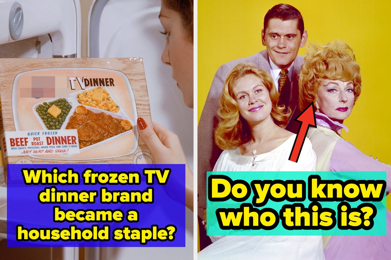 On the left, a 1950s-style TV dinner. Right, a retro photo of three people; the person pointed out may be a notable figure from classic TV