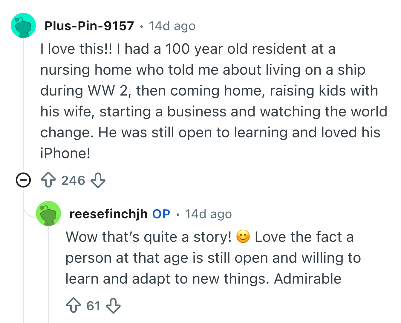 Comment thread astir  a 100-year-old nursing location  nonmigratory  who shared stories astir  surviving  connected  a vessel  during WWII and adapting to caller   technology