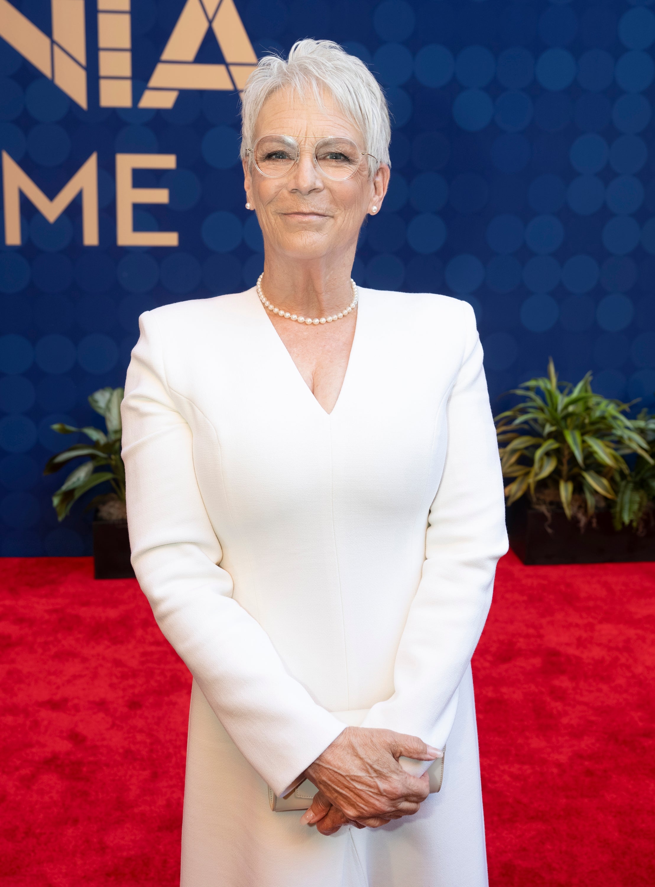 Jamie Lee Curtis successful a sleek achromatic ceremonial formal connected a reddish carpet with plants successful the background