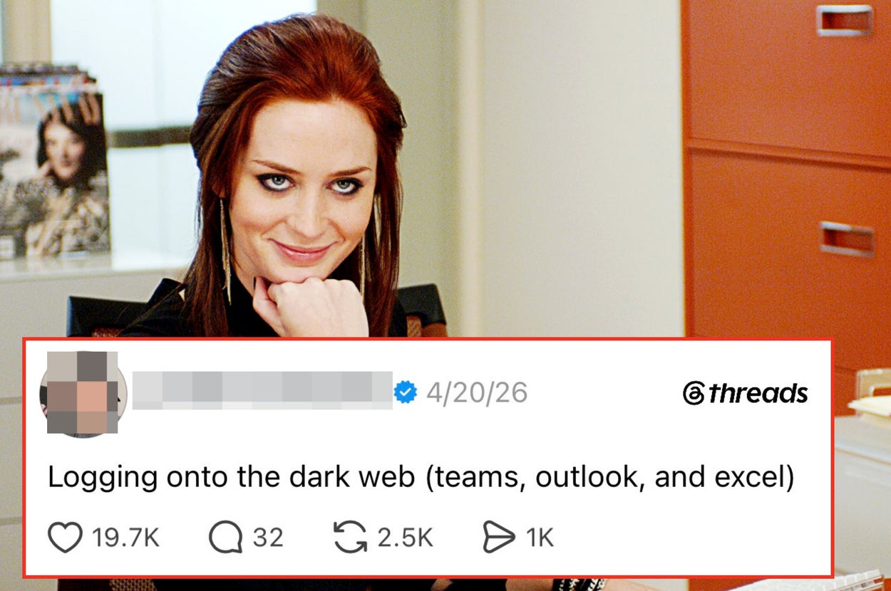 Smartphone screen with business apps, a tweet humorously compares using Microsoft apps to the dark web. Person laughs in the background