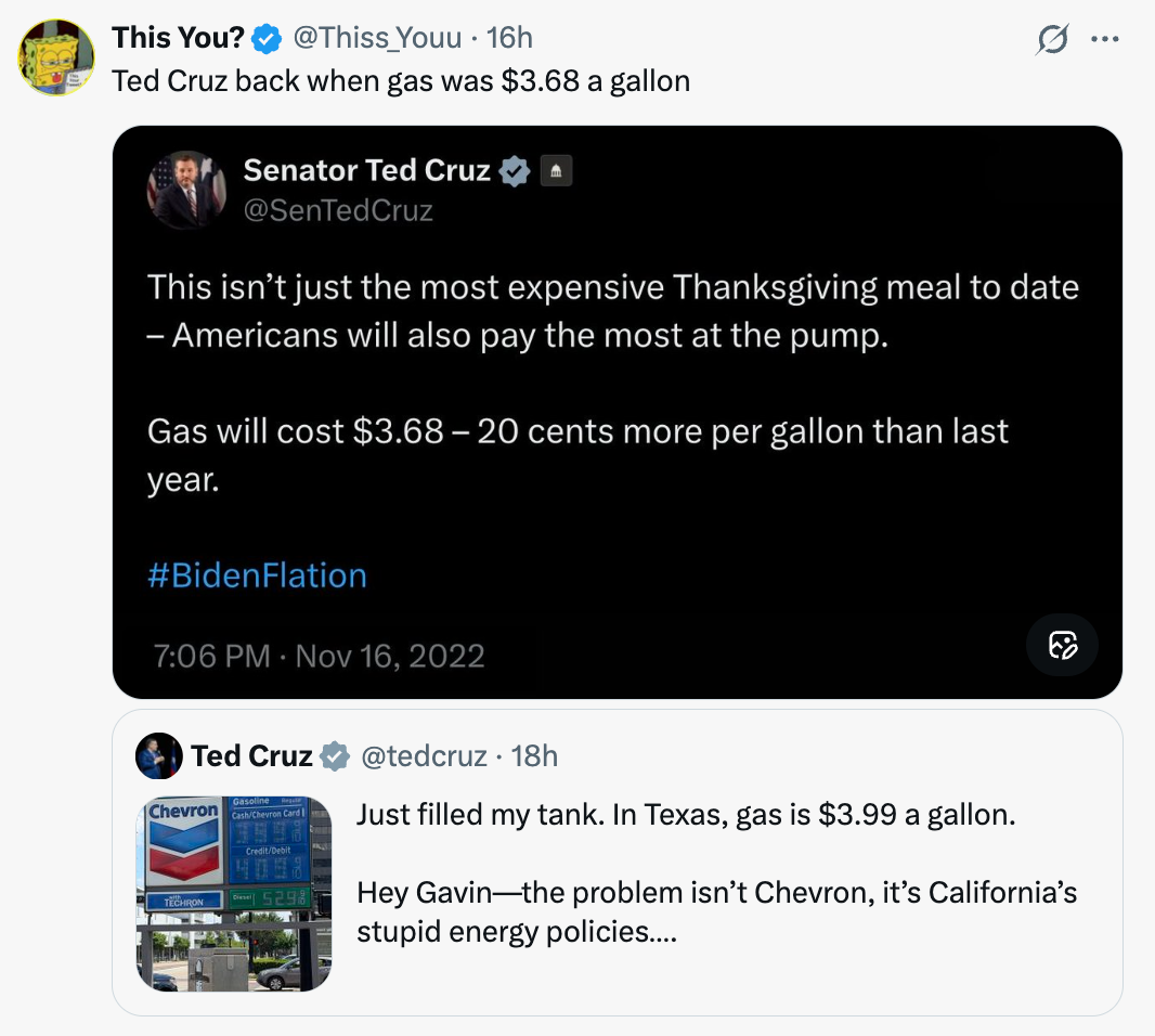 Tweet showing Ted Cruz commenting connected precocious state prices, attributing them to California’s vigor policies nether Gavin Newsom