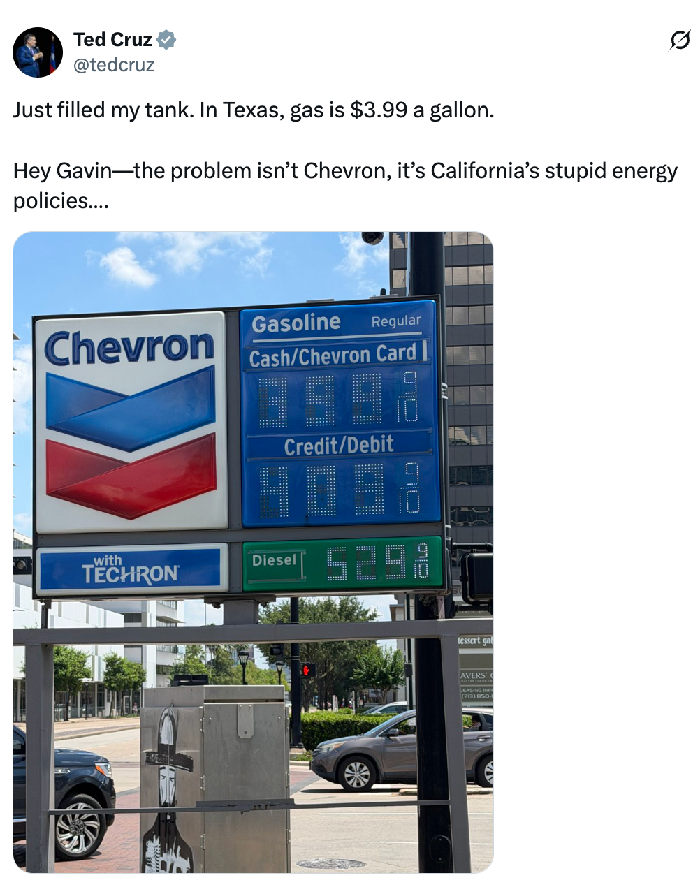 Gas presumption motion shows state astatine $3.99 per gallon successful Texas. Tweet criticizes California's vigor policies
