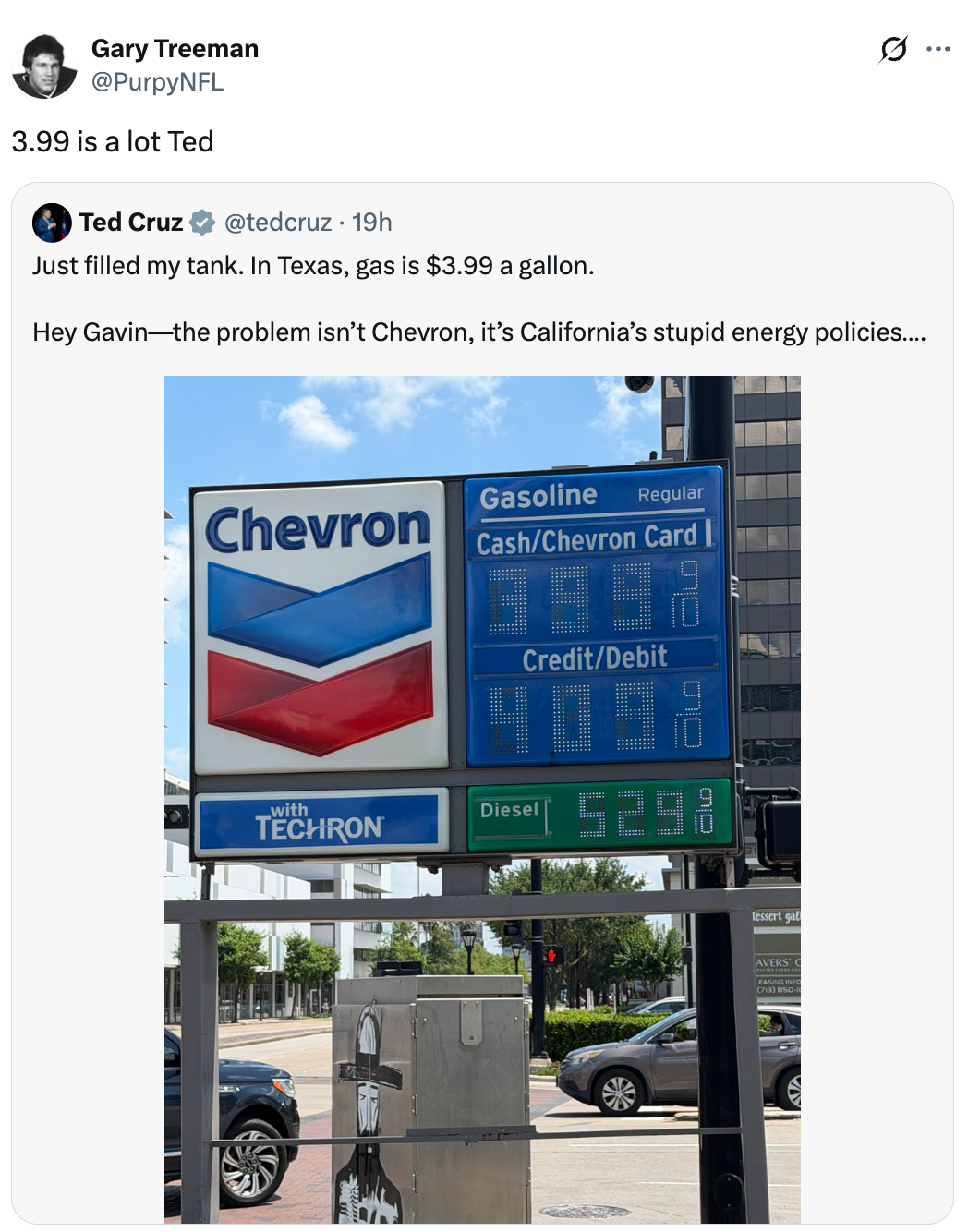 Regular $3.99 for cash/credit, Diesel $5.29. Tweet criticizes vigor policies, mentioning California and Chevron