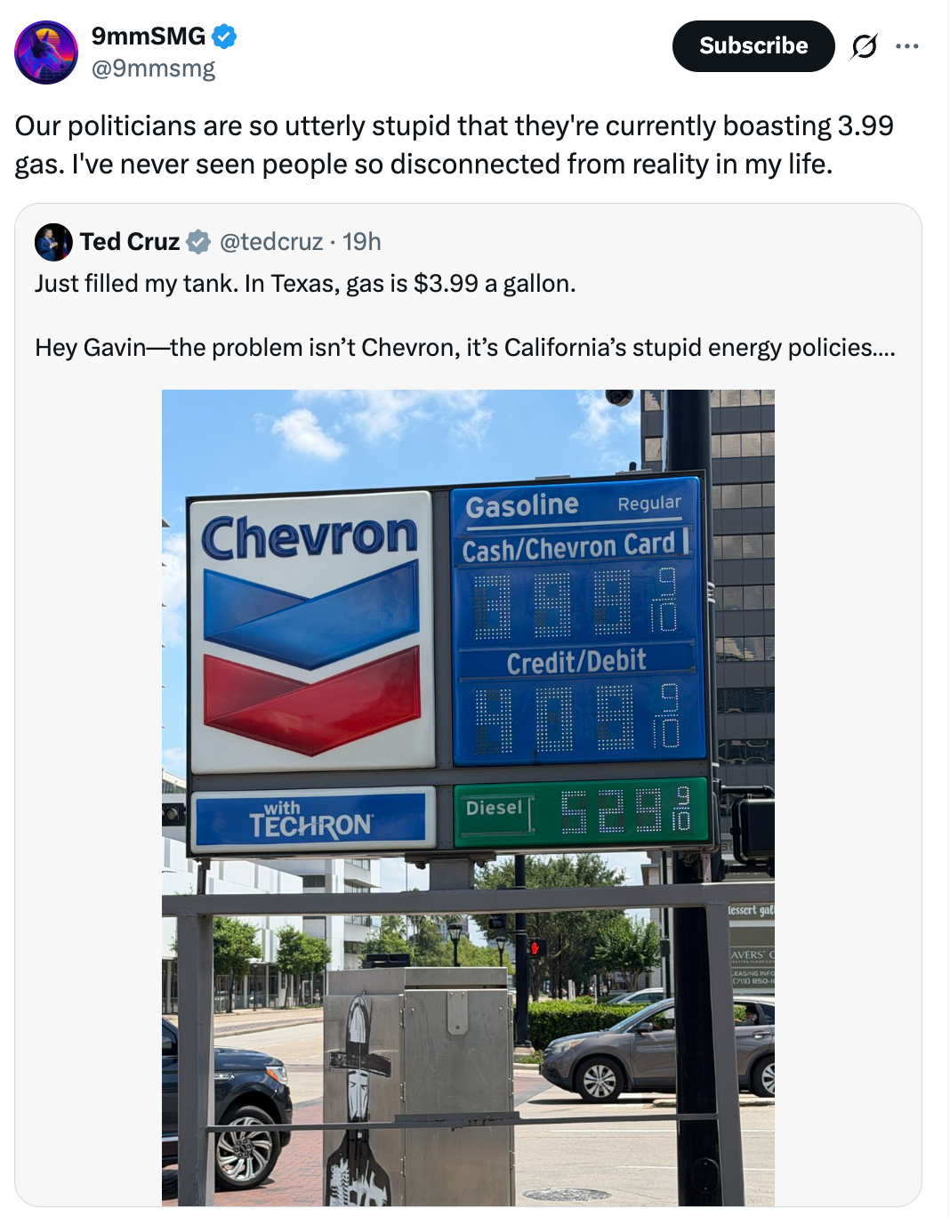 Tweet with representation of a state presumption terms motion showing assorted substance prices, highlighting a treatment connected state costs and California's vigor policies