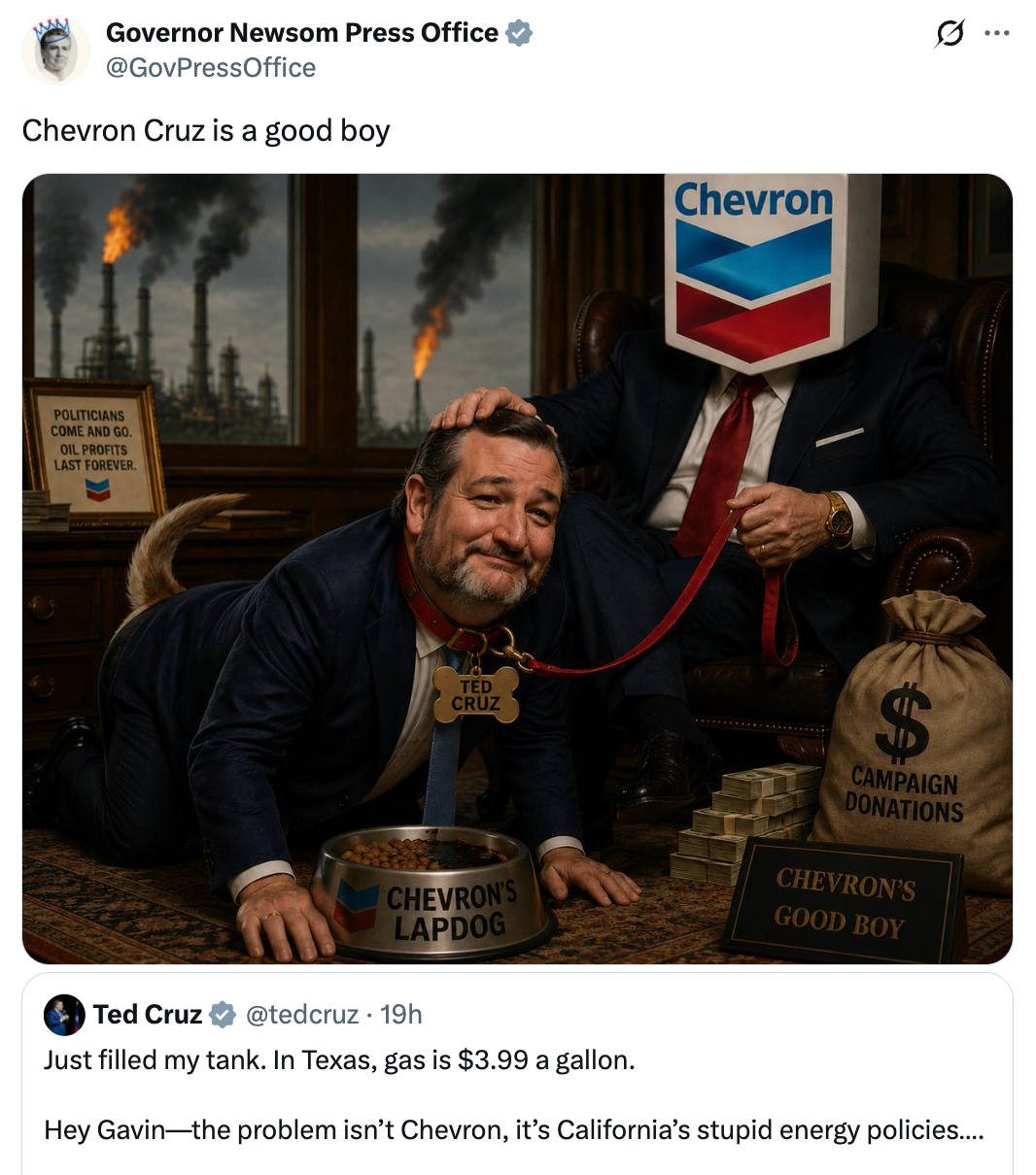 Satirical representation of a antheral labeled "Ted Cruz" arsenic a canine being petted by a headless fig with a Chevron logo, seen holding "campaign donations."
