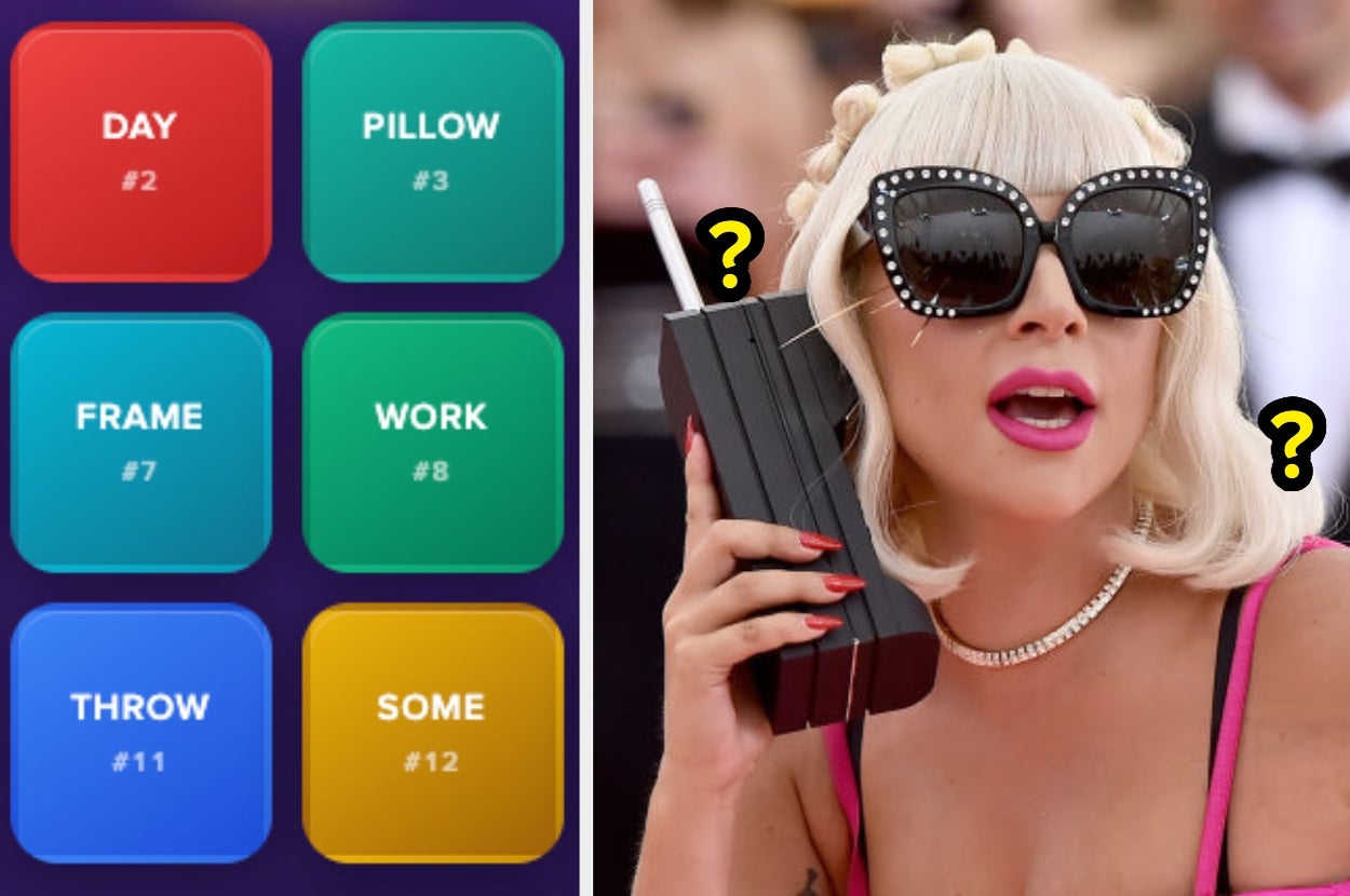 On the left, a word game grid with words like "Day" and "Pillow." On the right, a person with sunglasses holding a large vintage phone