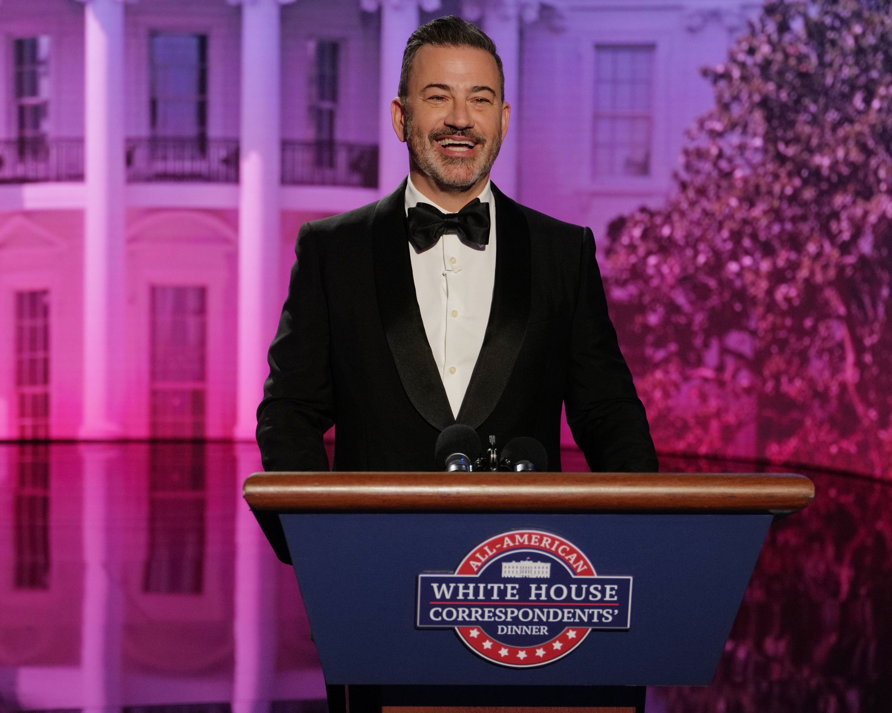 Person successful  a tuxedo speaks astatine  a podium labeled "White House Correspondents' Dinner" with a purple-lit backdrop