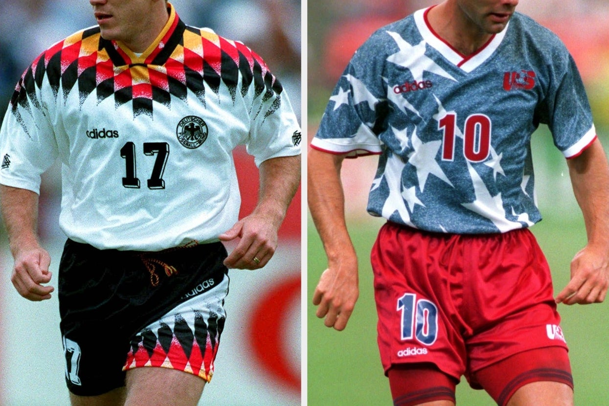Two soccer players wearing retro national team jerseys: one with geometric patterns, the other with stars. Both in dynamic action poses on the field