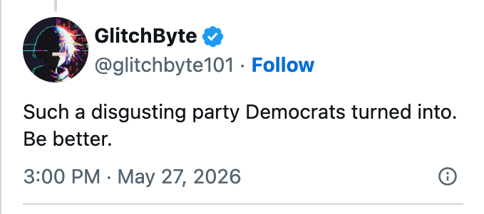Tweet by GlitchByte criticizing the Democratic Party, telling them to "Be better."
