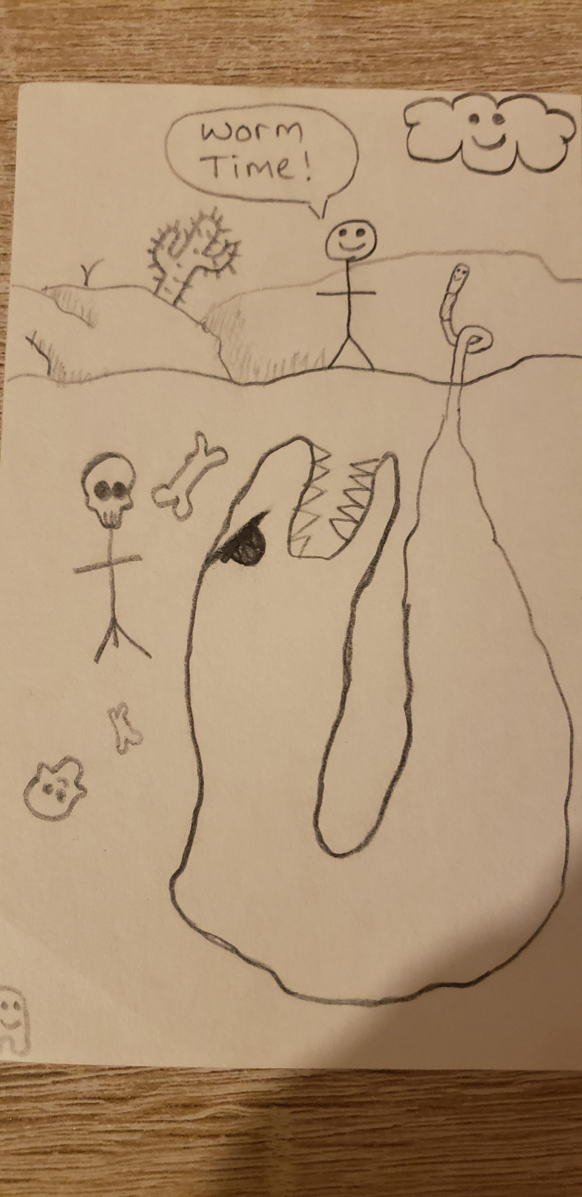 A hand-drawn country   with a instrumentality   fig  holding a worm, exclaiming "Worm Time!" with a smiling unreality  above. A ample  creature's caput  is successful  the foreground
