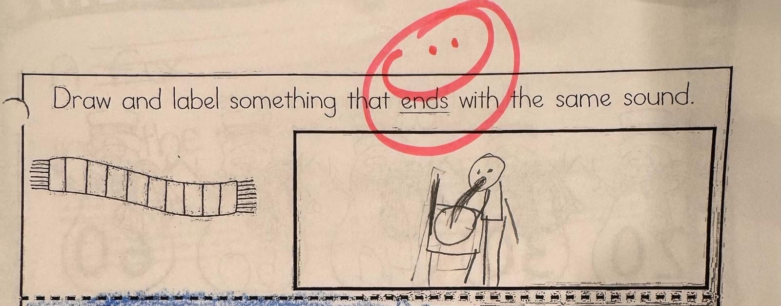 Children's drafting  workout  with playful sketches; a scarf and an unclear fig  are drawn. A smiley look   is circled above