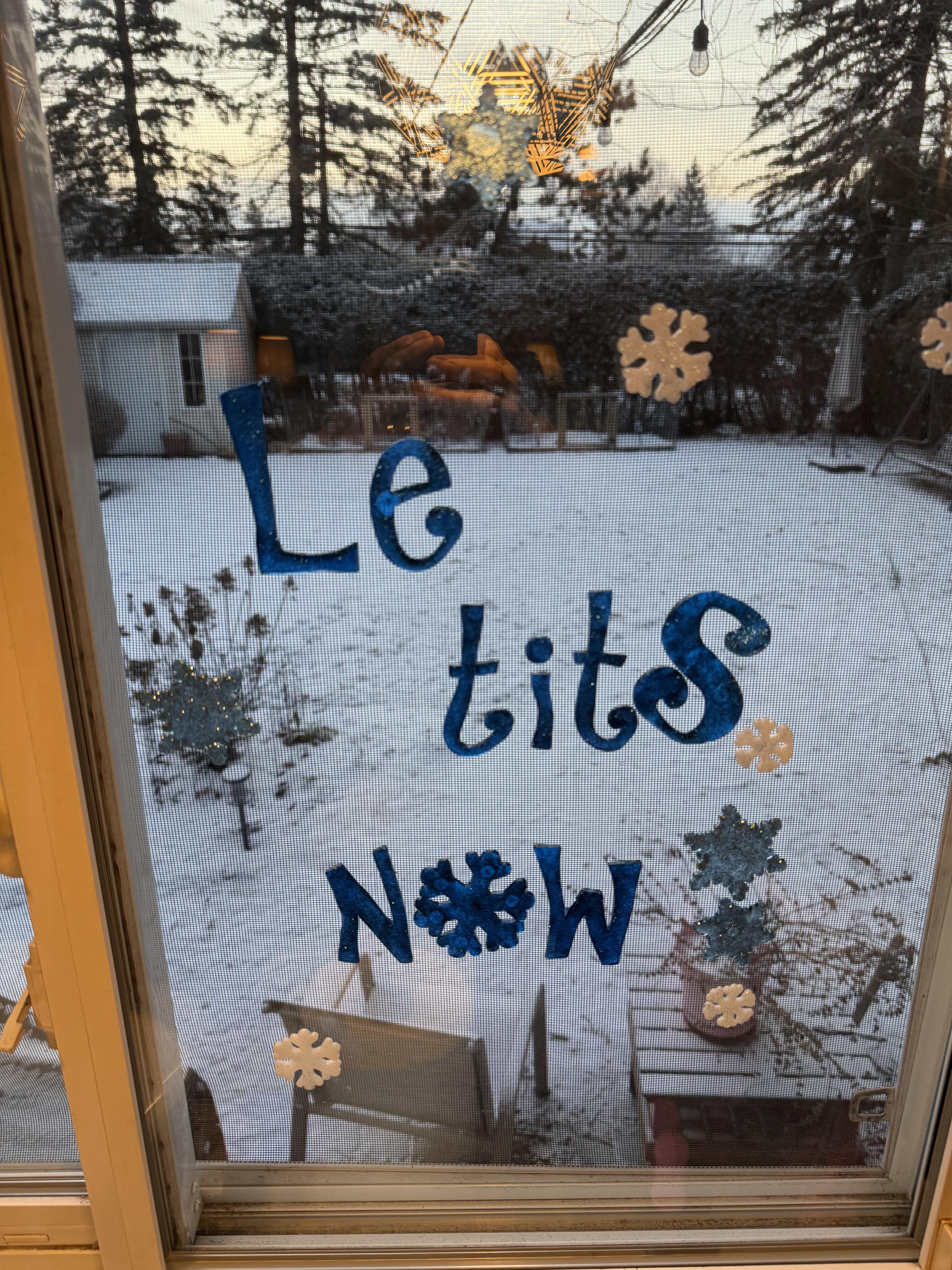 Window with playful snowfall  decoration saying, "Let its snow," with snowflakes, overlooking a snowy backyard with trees
