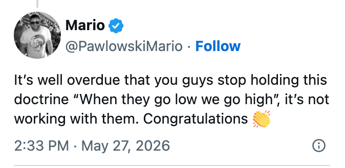 Criticizes "When they spell low, we spell high" approach, says it's ineffective. Offers congratulations with clapping emoji
