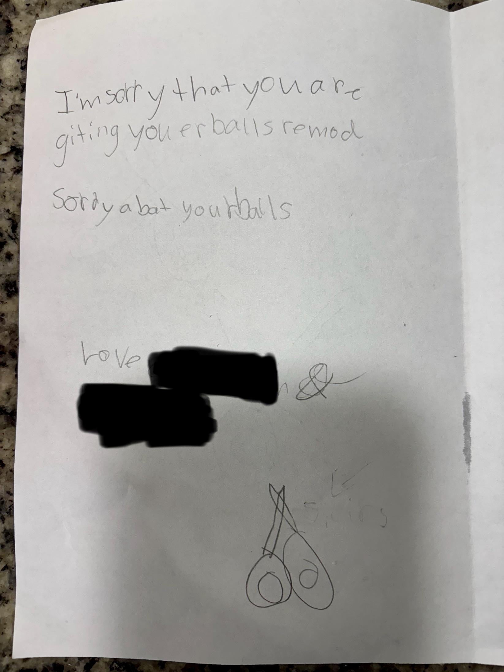 Handwritten apology enactment      with a doodle of scissors