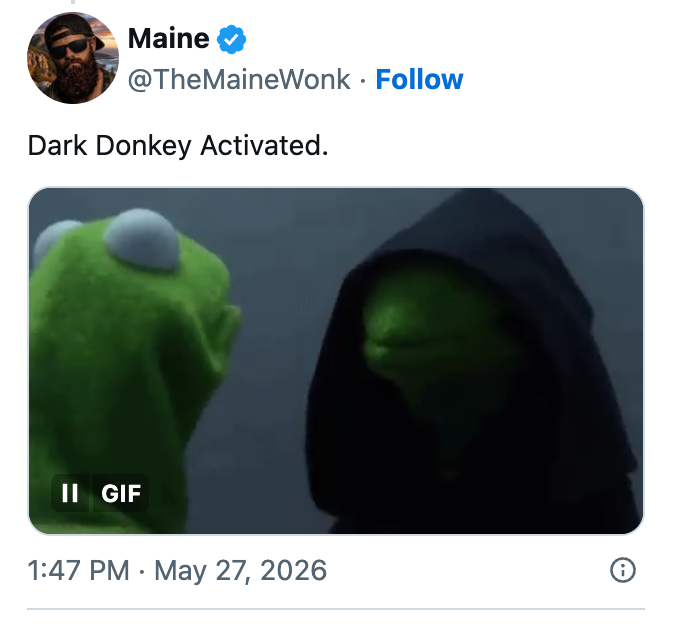 Kermit meme showing a cloaked Kermit looking astatine different Kermit, referencing "Dark Donkey Activated" successful substance above