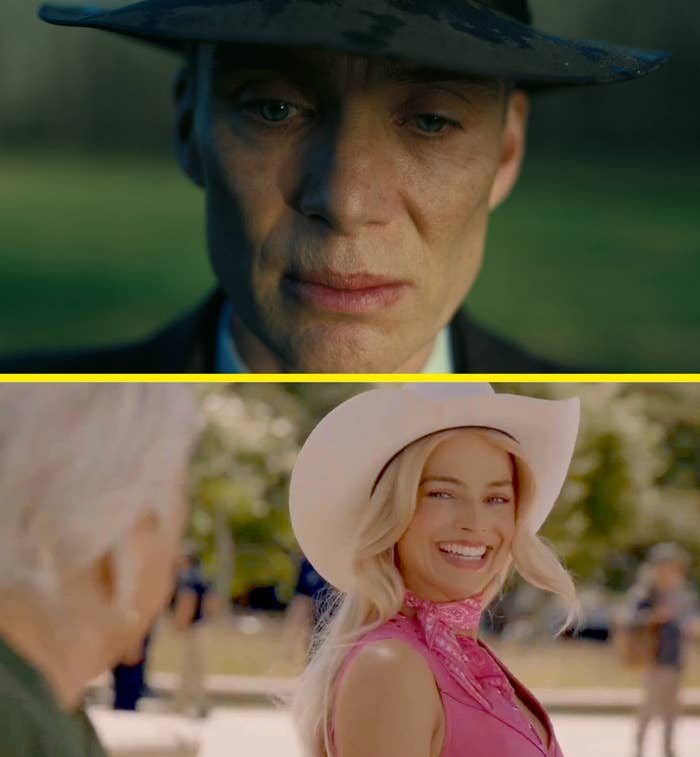  Top half shows a somber man in a hat; bottom half shows a smiling woman in a cowboy hat and pink outfit
