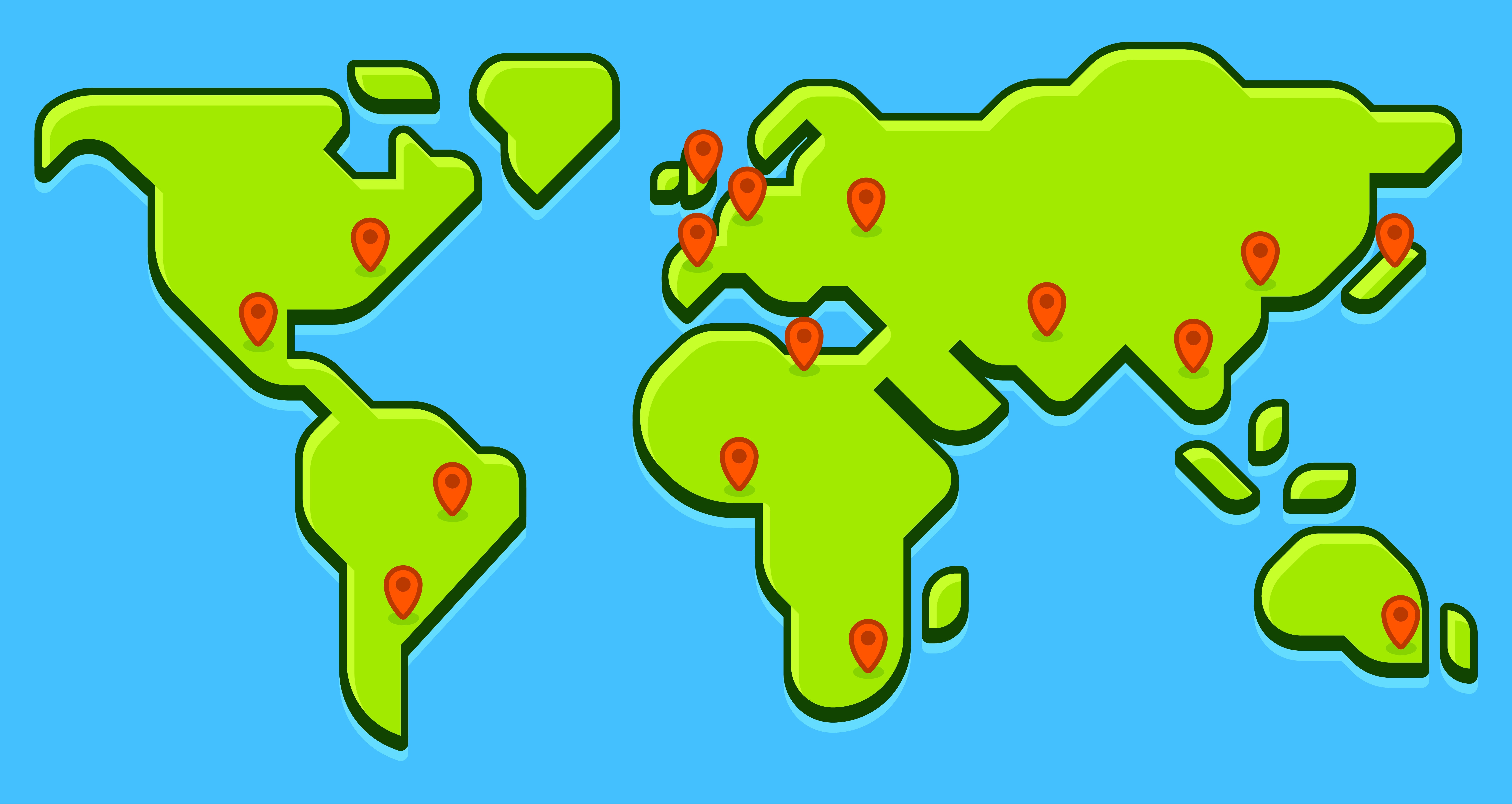 World map illustration with pin markers on various global locations, indicating points of interest, possibly for a gaming event or theme