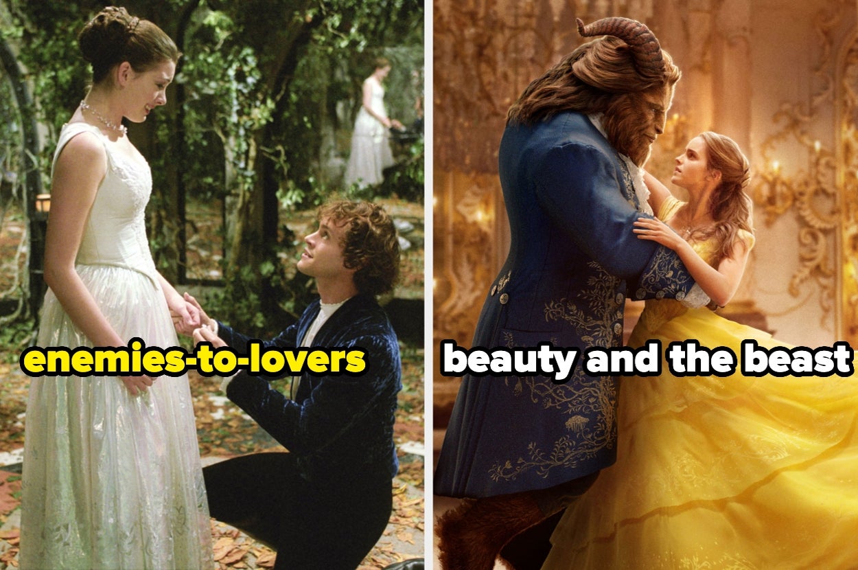"Ella Enchanted" scene labeled "enemies-to-lovers," and "Beauty and the Beast" scene labeled "beauty and the beast"