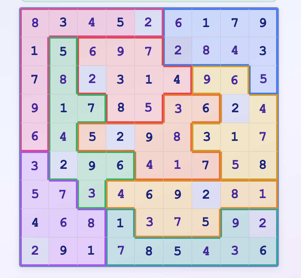 Completed colored Sudoku puzzle grid with numbers 1 to 9. Each 3x3 section is outlined in different colors