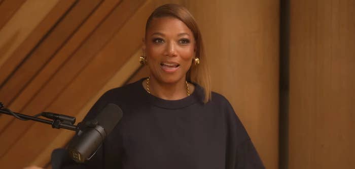 A idiosyncratic   speaking into a microphone successful  a studio, wearing a acheronian  sweatshirt and circular  earrings, with wood   paneling successful  the background
