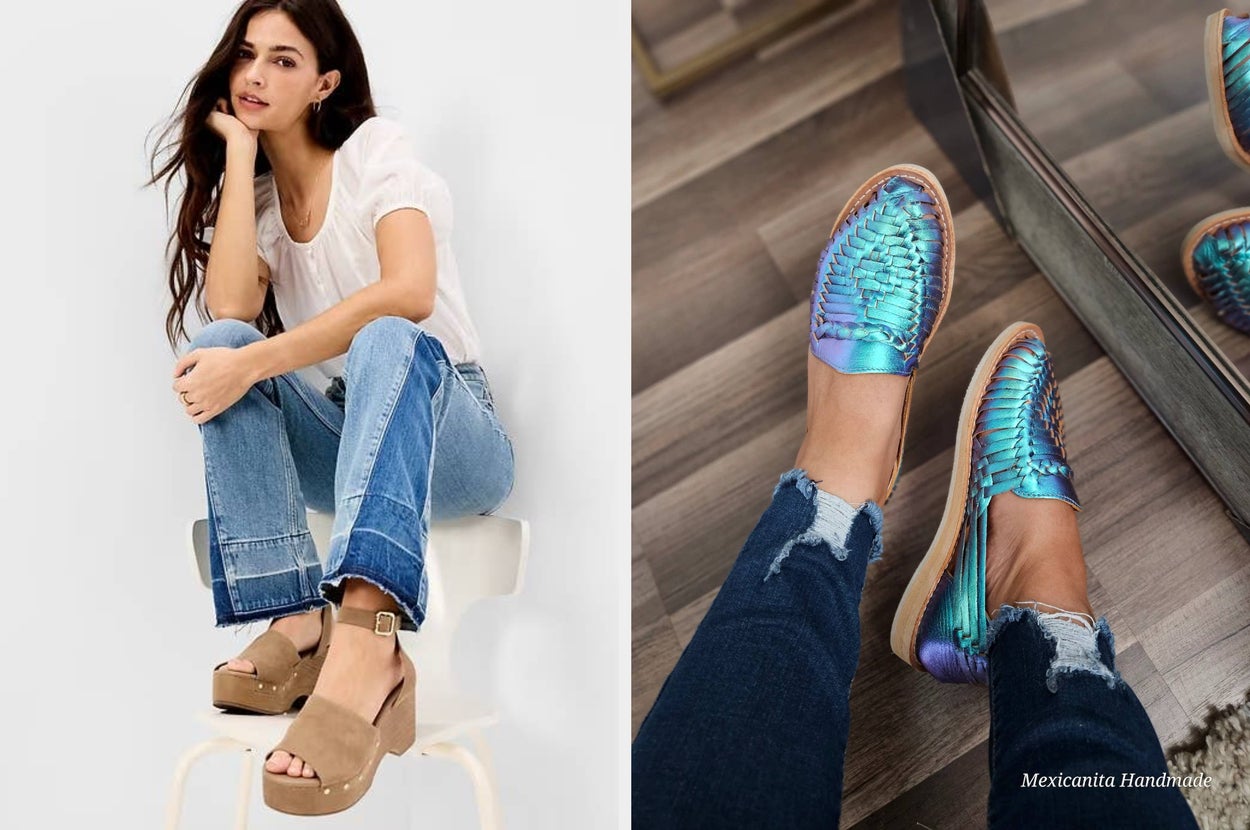A collage of three images: sandals on the sand, a person wearing cowboy boots with a lace dress, and a woman in jeans with platform sandals