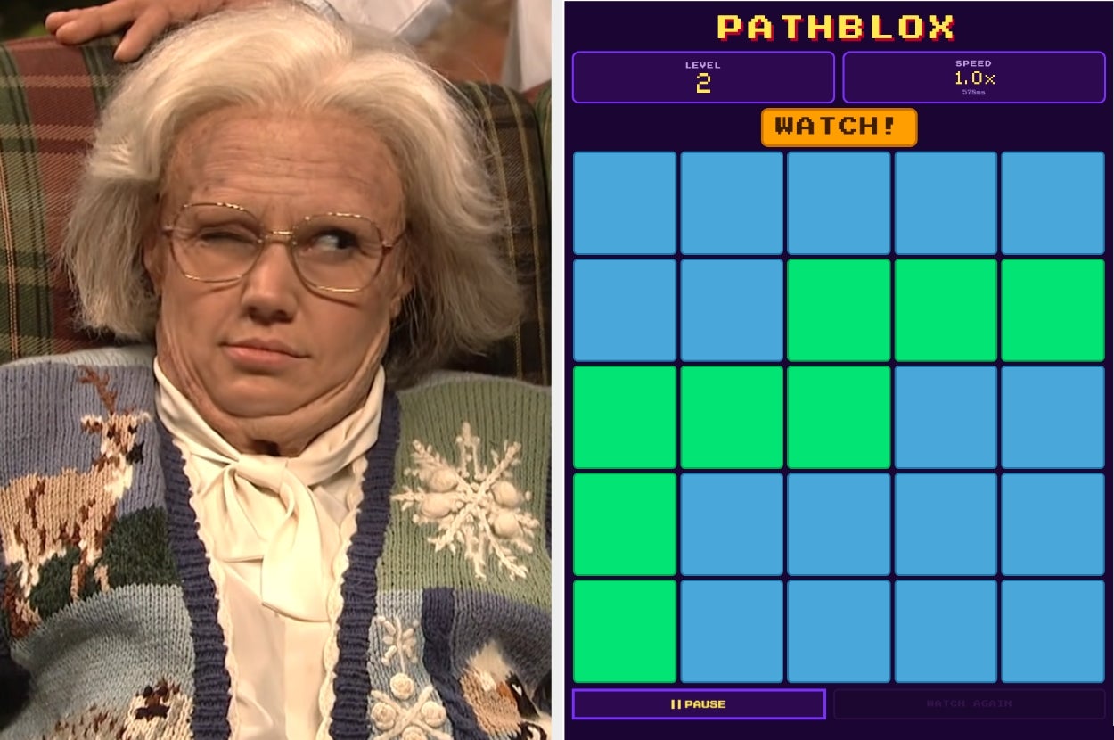 An older person in a retro cardigan squints humorously next to a puzzle game screen with colored blocks and "Pathblox" text