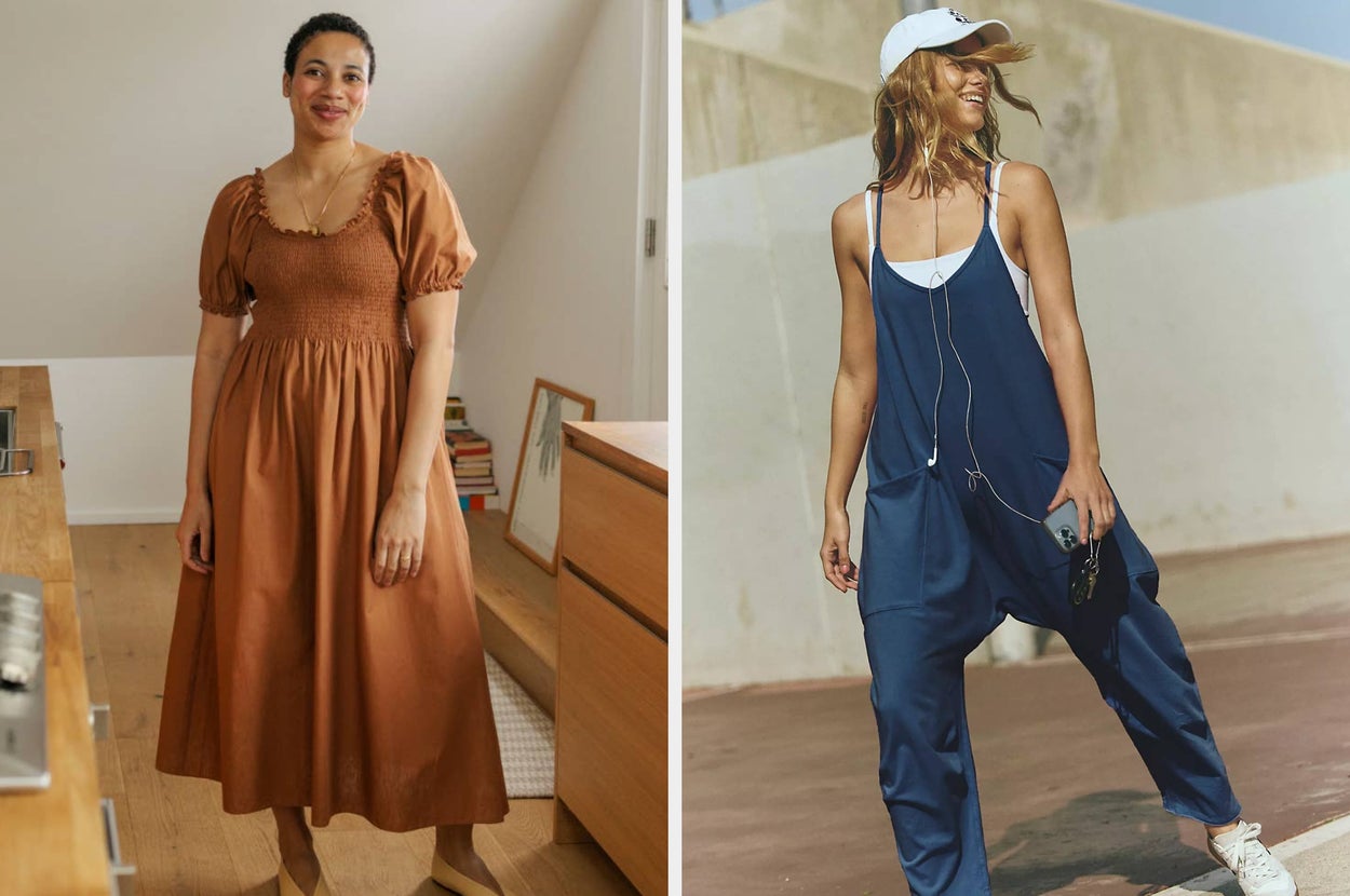 Two models in different outfits: one in a smocked puff-sleeve dress, the other in a sporty jumpsuit with a cap, listening to music with headphones