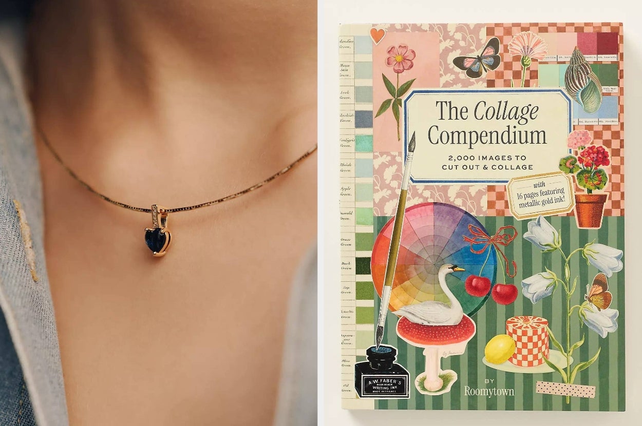 Necklace with a heart pendant next to "The Collage Compendium" book on collage art and cutouts