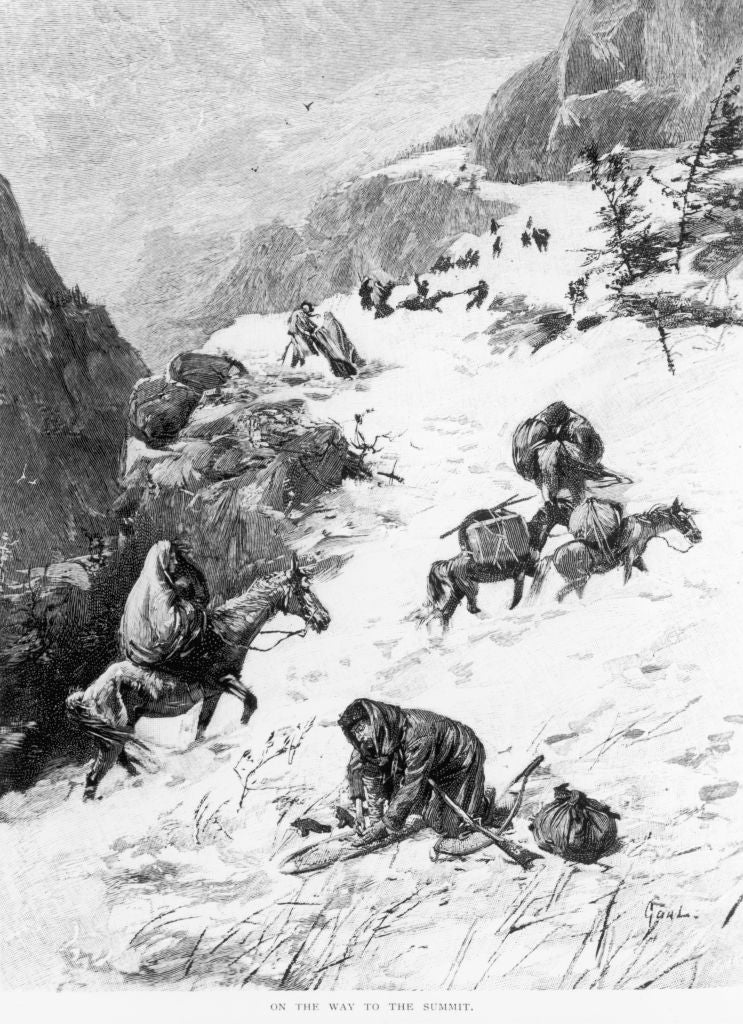 A humanities illustration shows radical with battalion animals traversing a snowy upland path, carrying supplies