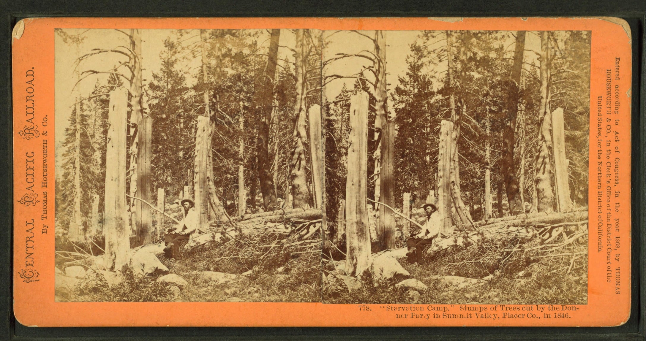 Two lumberjacks airs with axes among felled trees successful a wood clearing, promoting the Central Pacific Railroad successful 1866