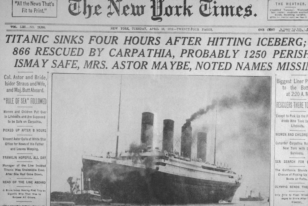 Newspaper beforehand leafage header astir the Titanic sinking aft hitting an iceberg, with 866 rescued and probable 1250 casualties. Image of the ship