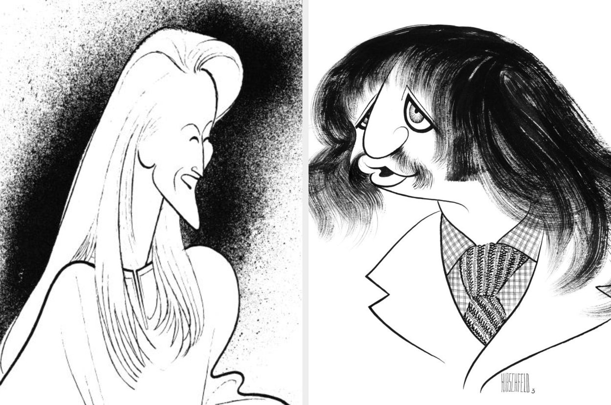 Caricatures of a woman with long hair and a man with a mustache and long hair in cartoonish, exaggerated style