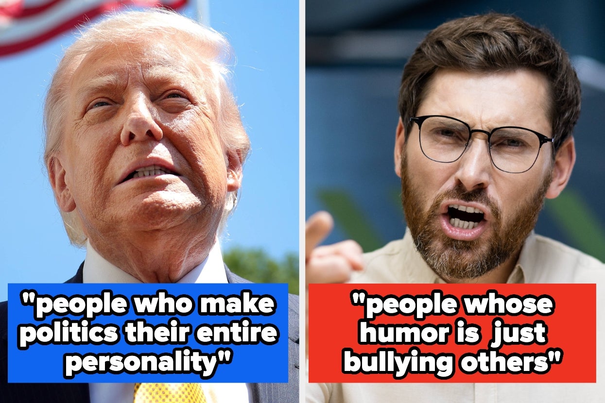 Split image: Left shows older man with tense expression; right shows younger man gesturing. Quotes: "people who make politics their personality" and "people whose humor is just bullying others."