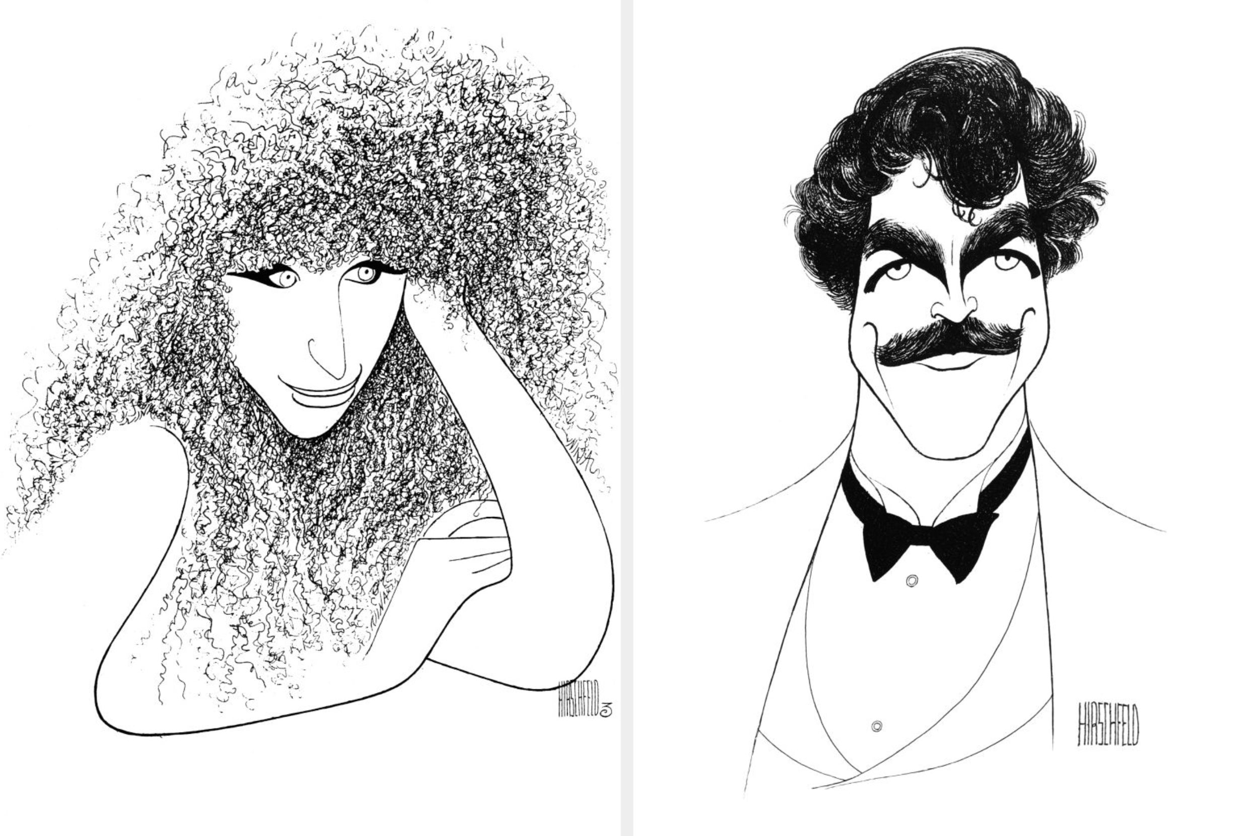 Artistic line drawings of two stylized figures; one with voluminous curly hair, the other with a curly mustache and bow tie, both smiling