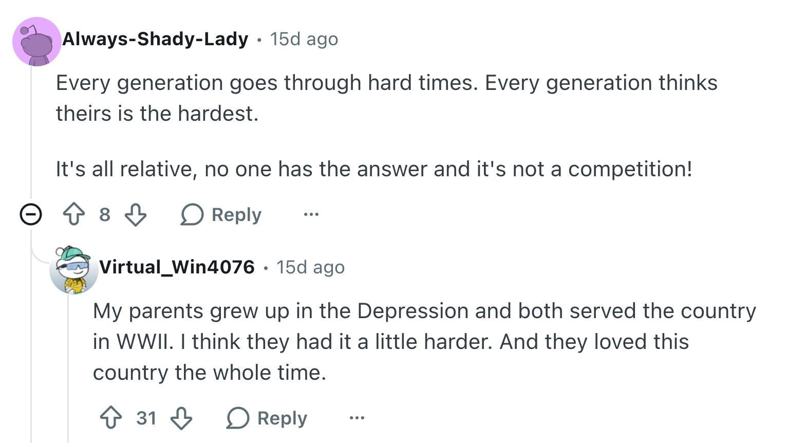 Online comments discussing generational hardships, with 1  emphasizing it's not a contention  and different  mentioning WWII experiences
