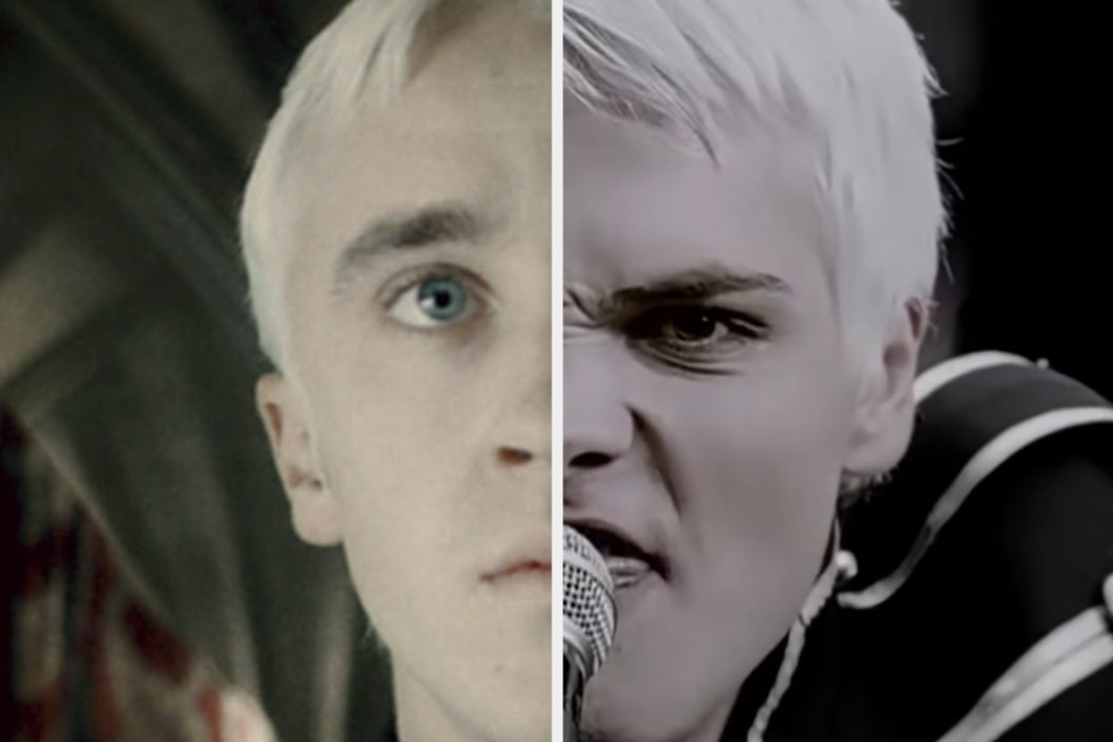 Split image: Left shows a young Tom Felton as Draco with a serious expression; right shows a performing Gerard Way from My Chemical Romance with a dynamic pose