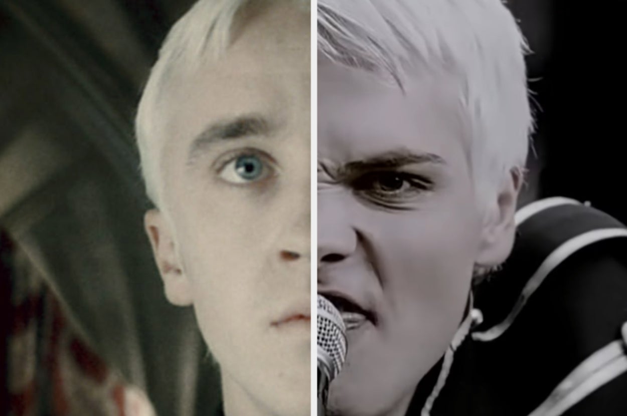Split image: Left shows a young Tom Felton as Draco with a serious expression; right shows a performing Gerard Way from My Chemical Romance with a dynamic pose