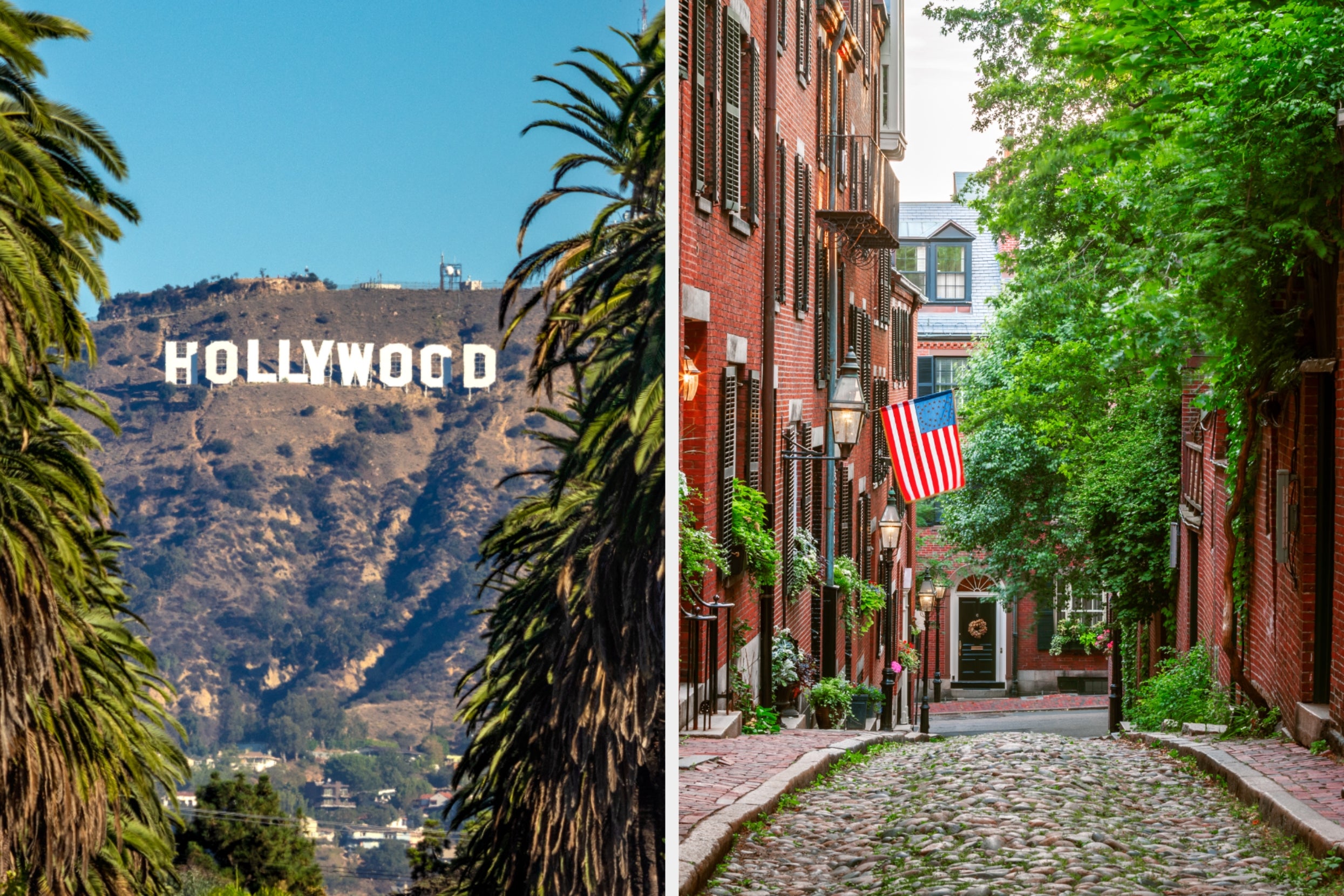 Hollywood sign on a hill; cobblestone street in a quaint neighborhood with an American flag and lush trees