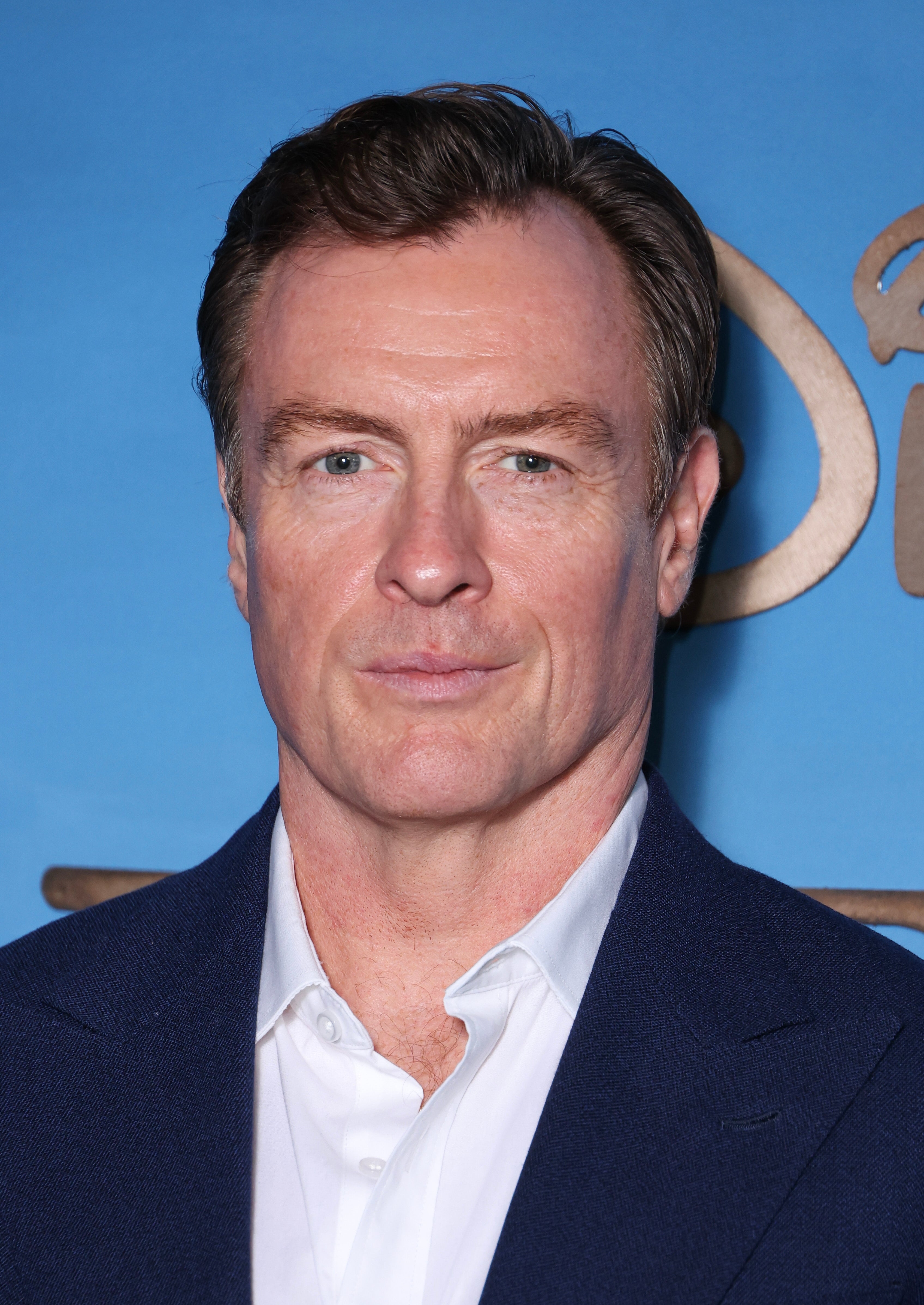 Toby Stephens successful a ceremonial outfit stands against a bluish backdrop, facing the camera with a neutral expression