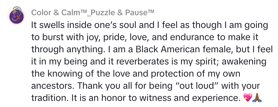 A idiosyncratic expresses gratitude and pride, feeling joyousness and ancestral connection, appreciating a tradition's inspiration and protection