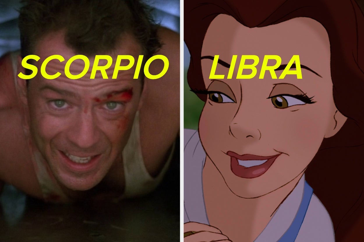 Split image: left shows an action movie scene with "Scorpio," right shows an animated character smiling with "Libra."
