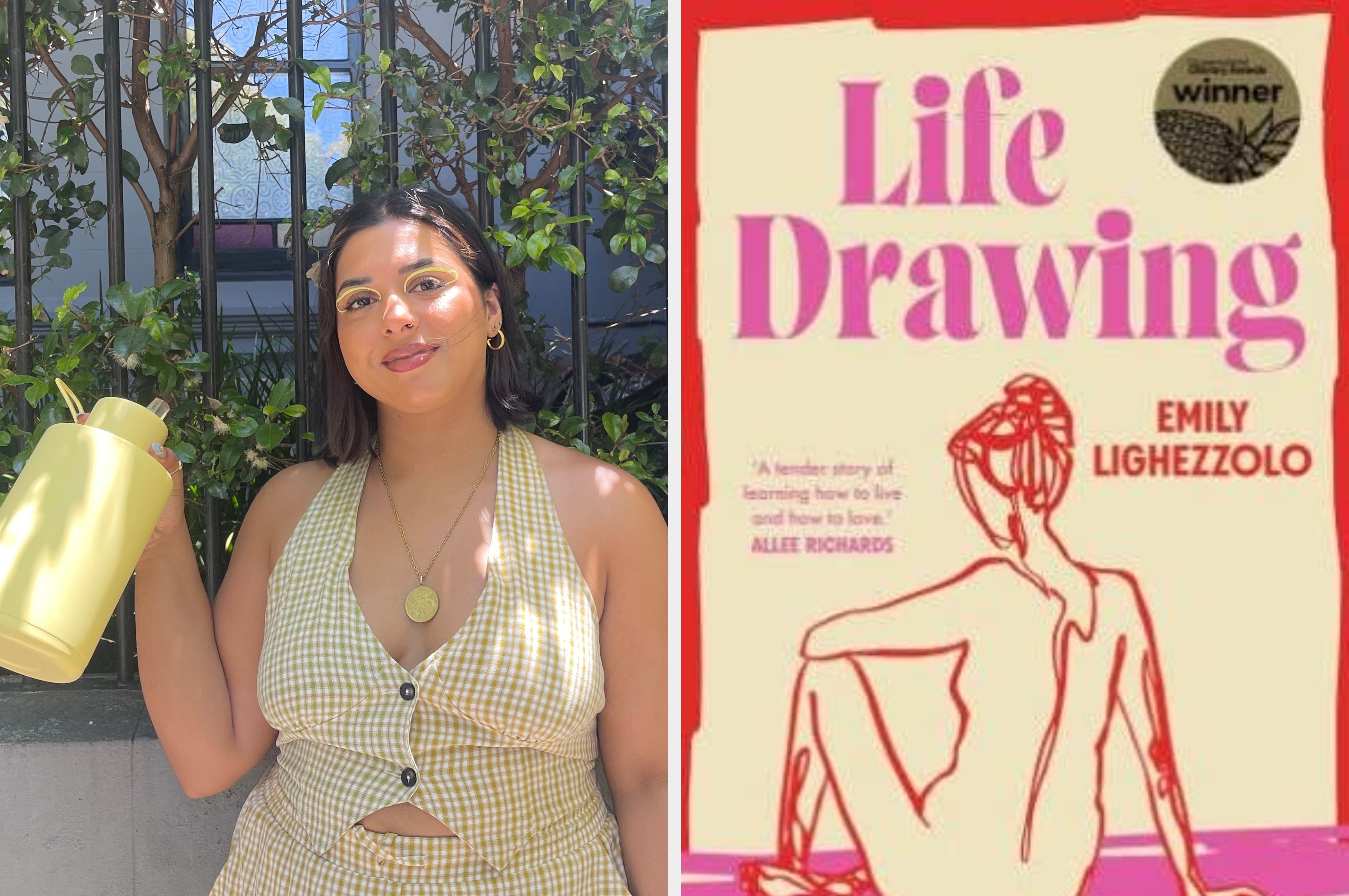 A person in a sleeveless top smiles, next to the book "Life Drawing" by Emily Lighezzolo, featuring a line drawing of a seated figure