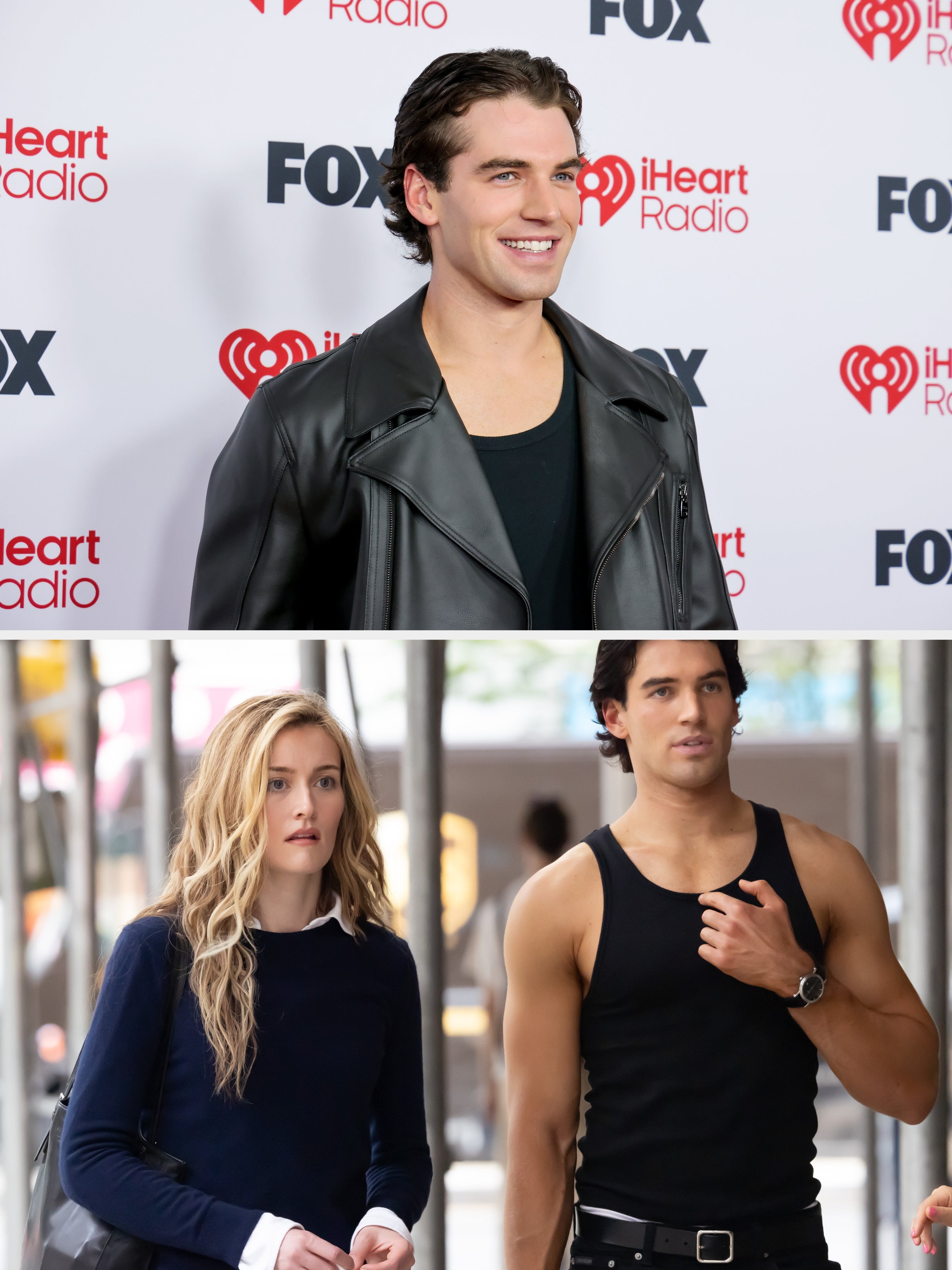 Person in a leather jacket on a red carpet at an iHeartRadio and FOX event backdrop, smiling